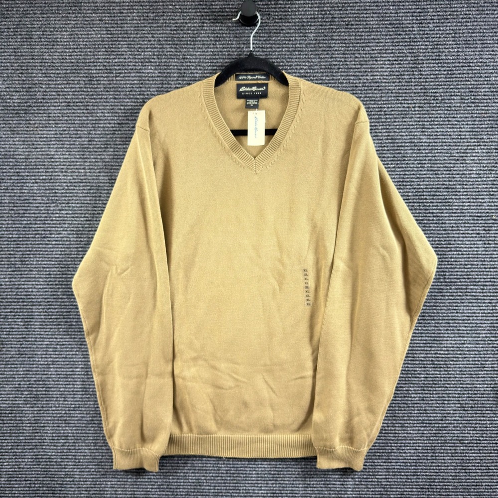 NWT Eddie Bauer Mens Tan Supima Pima Cotton V-Neck Sweater XL Made in UK Classic